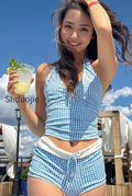 contrast-plaid-halter-two-piece-swim-set