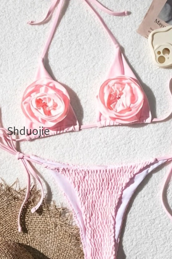 ruffle-floral-solid-tie-bikini-set