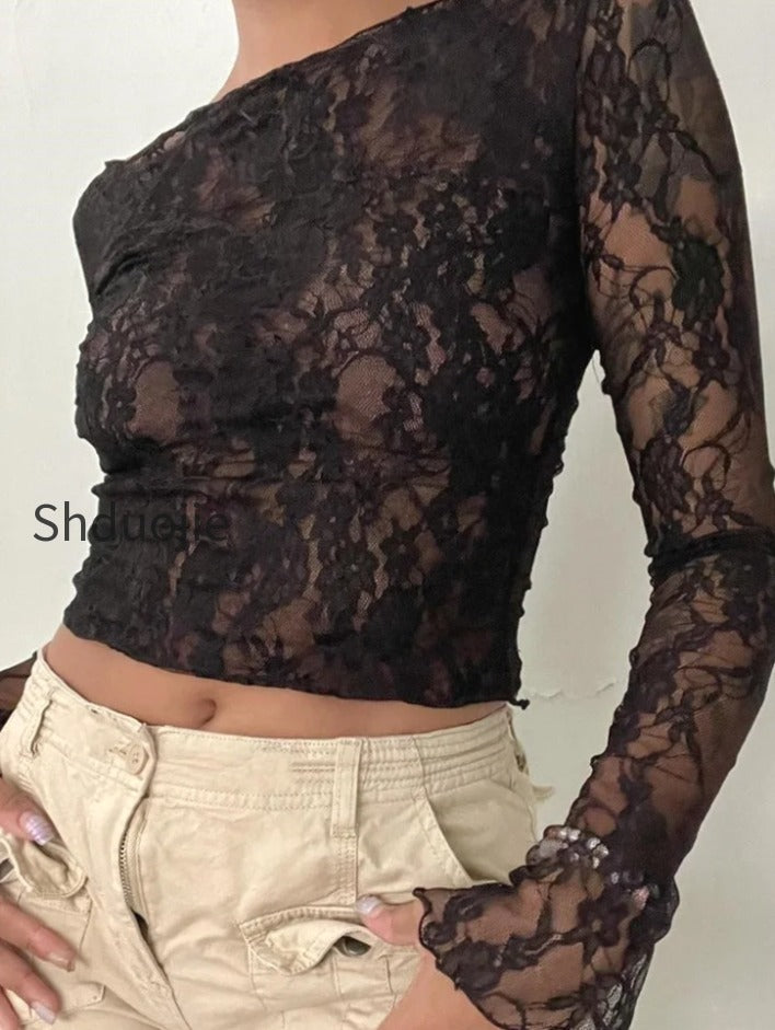 sexy-slash-neck-off-shoulder-lace-see-through-long-sleeve-casual-pullover-club-t-shirts