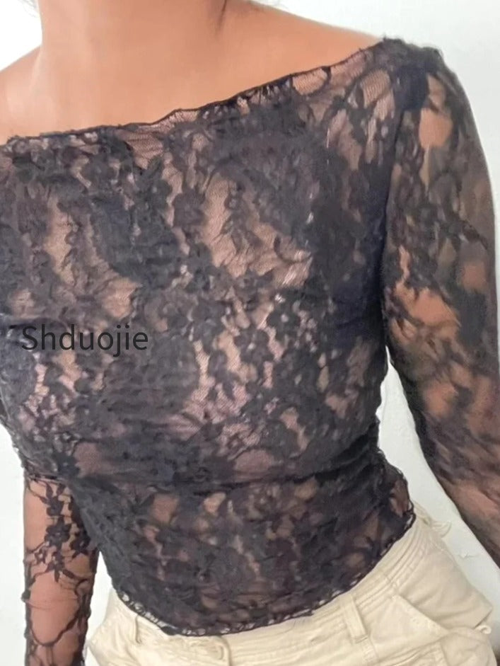 sexy-slash-neck-off-shoulder-lace-see-through-long-sleeve-casual-pullover-club-t-shirts